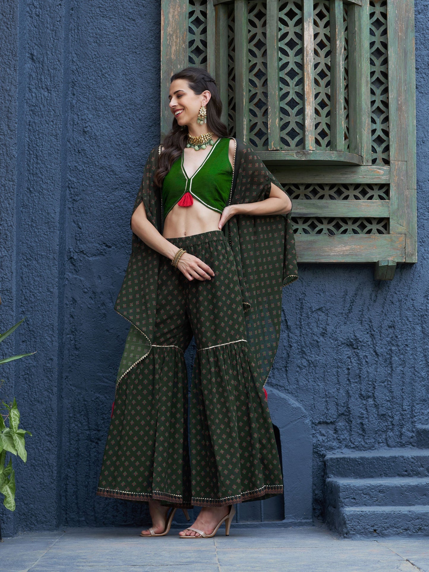 Women's Green Floral Sharara with Cape and Solid Crop Top