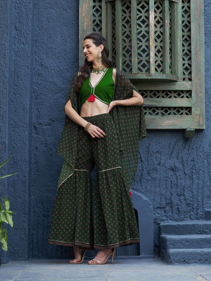 Women's Green Floral Sharara with Cape and Solid Crop Top