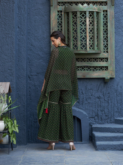 Women's Green Floral Sharara with Cape and Solid Crop Top