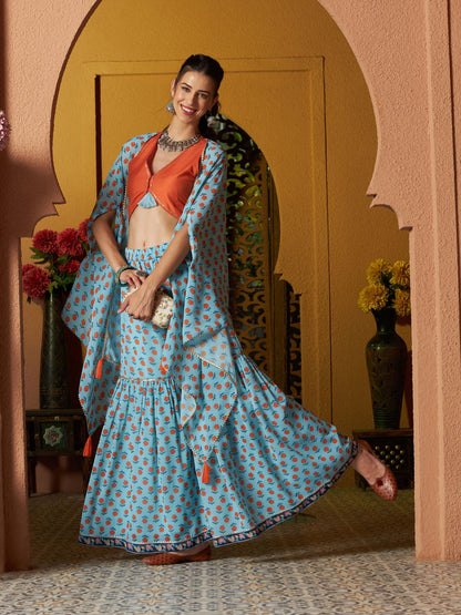 Women's Blue Floral Sharara with Cape and Orange Crop Top