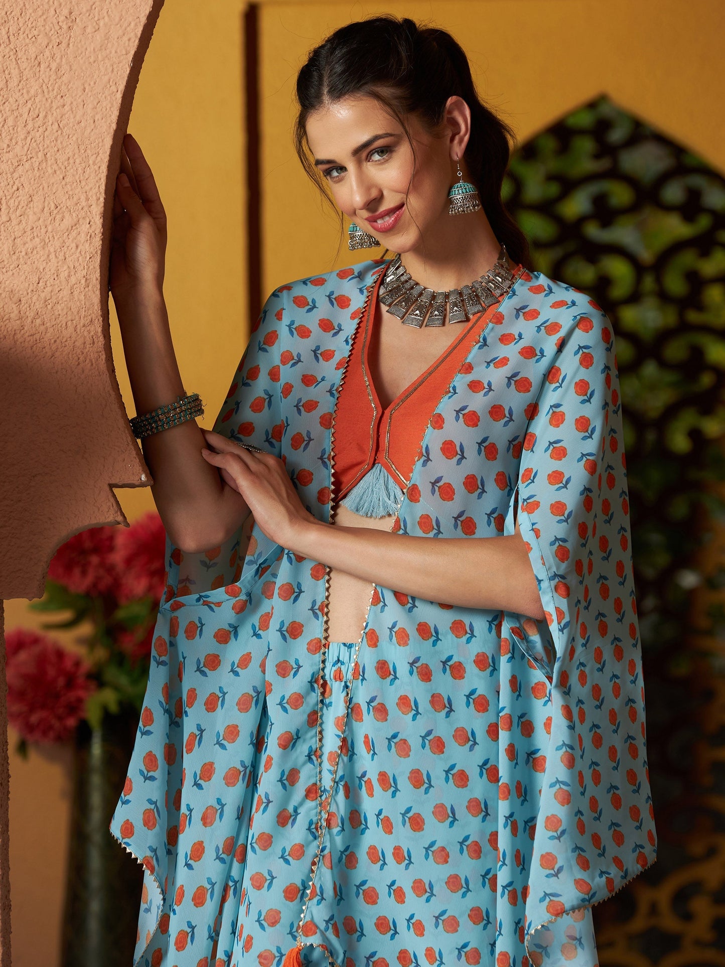 Women's Blue Floral Sharara with Cape and Orange Crop Top