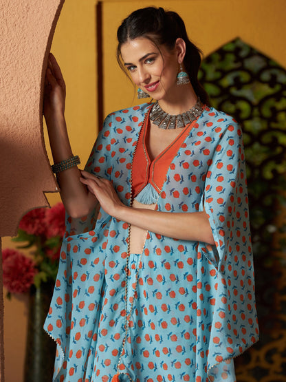 Women's Blue Floral Sharara with Cape and Orange Crop Top