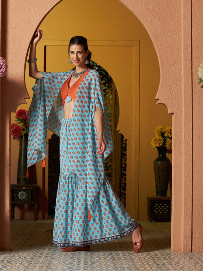 Women's Blue Floral Sharara with Cape and Orange Crop Top