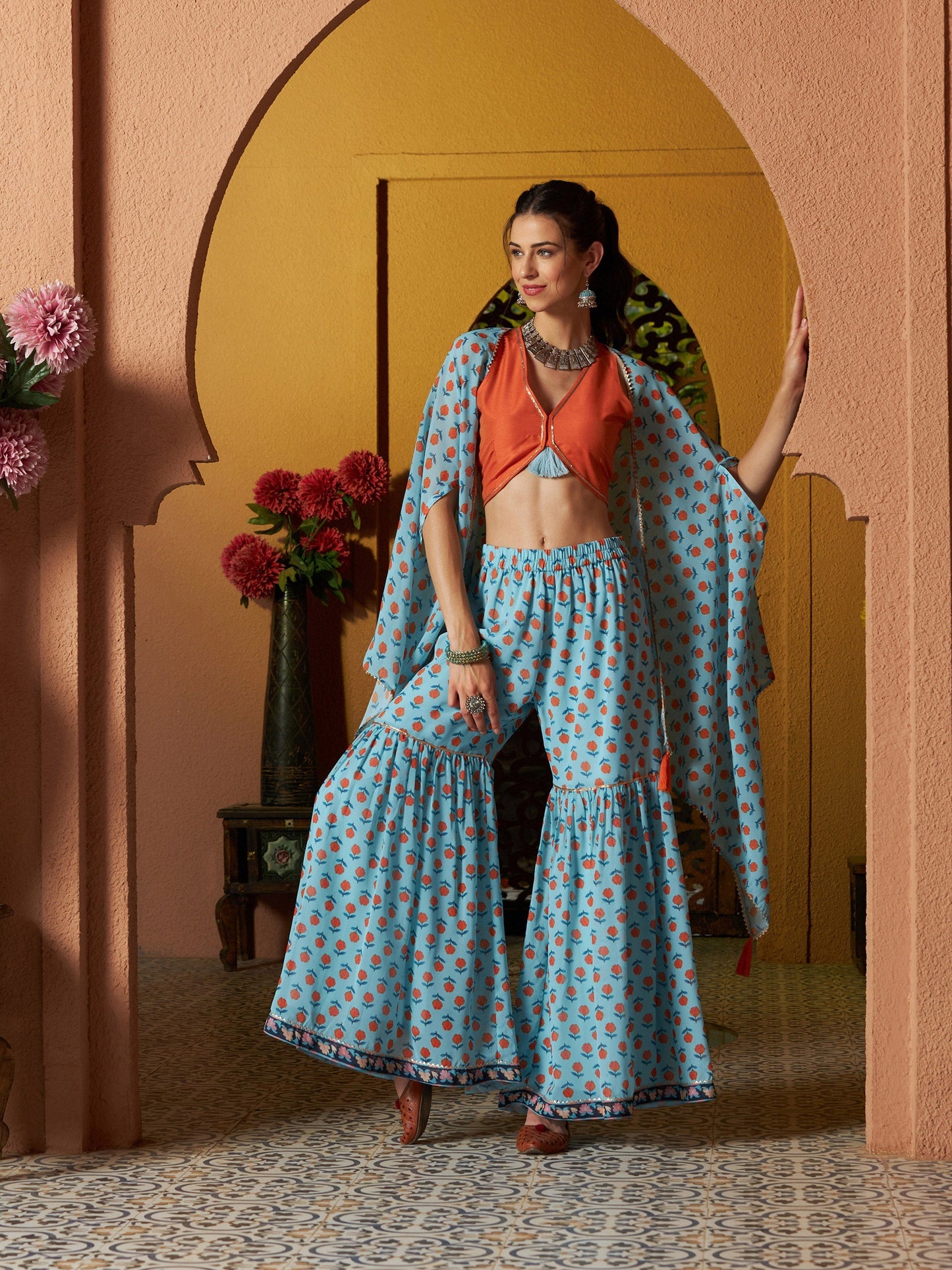Women's Blue Floral Sharara with Cape and Orange Crop Top