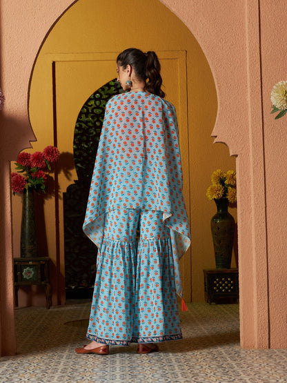 Women's Blue Floral Sharara with Cape and Orange Crop Top