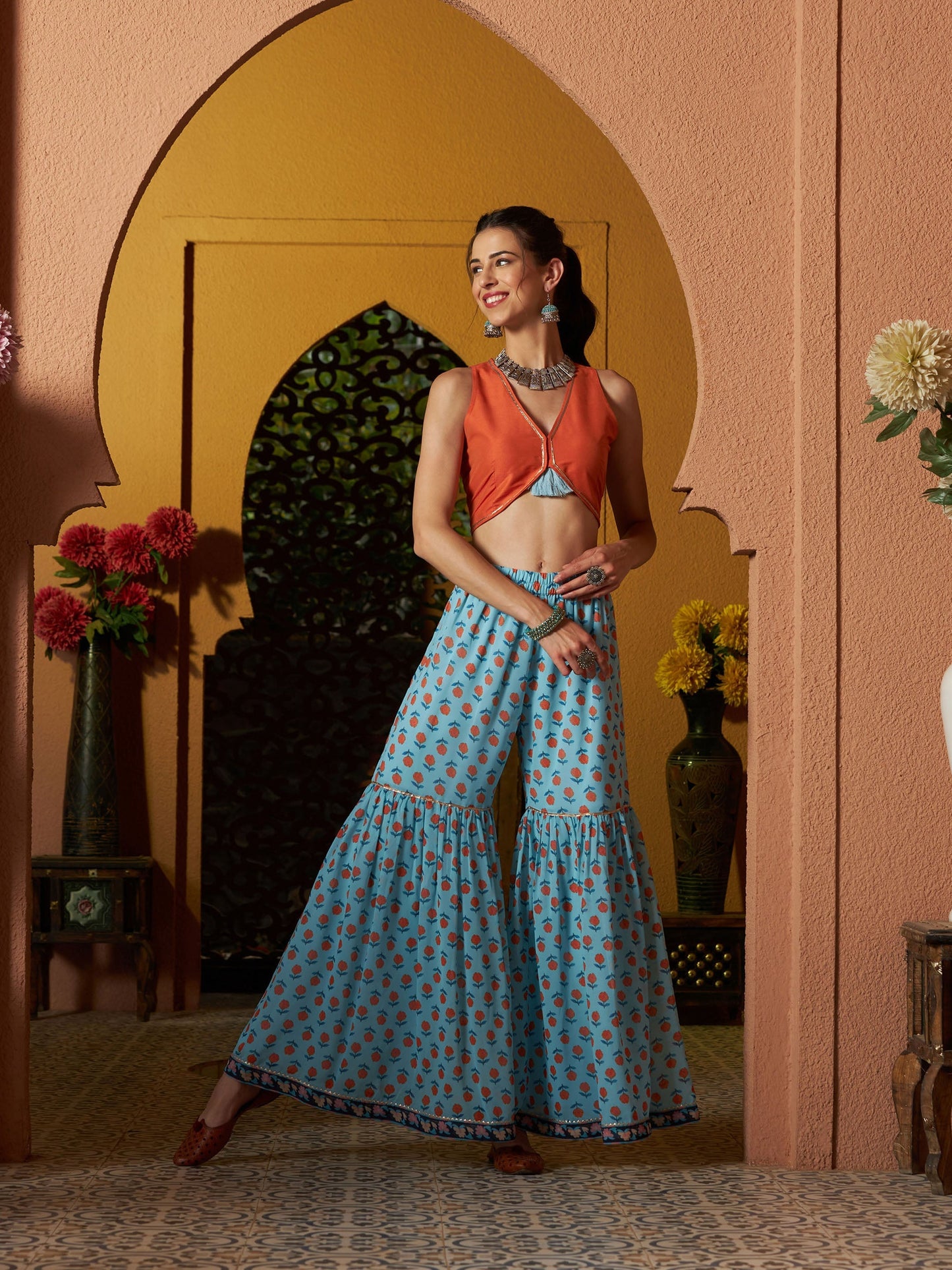 Women's Blue Floral Sharara with Cape and Orange Crop Top
