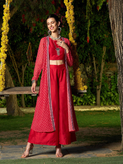 Women's Red Crop Top With A-Line Pants And Floral Shrug