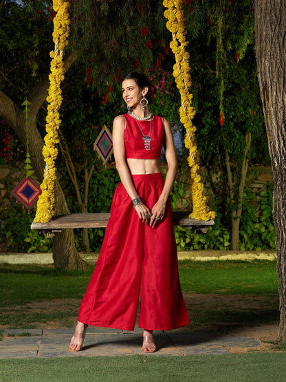 Women's Red Crop Top With A-Line Pants And Floral Shrug