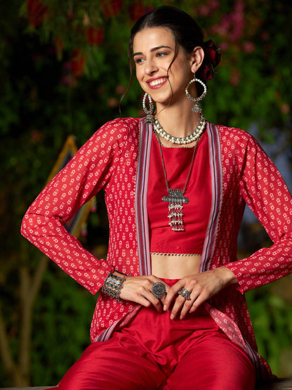 Women's Red Crop Top With A-Line Pants And Floral Shrug