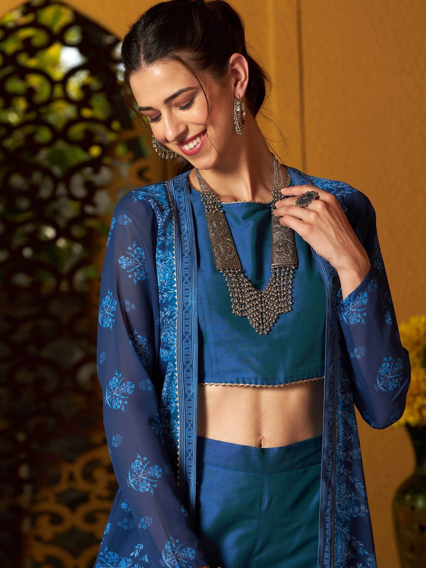 Women's Navy Crop Top With A-Line Pants And Floral Shrug
