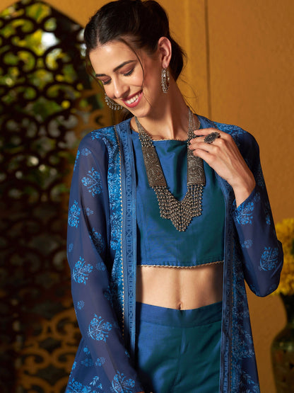 Women's Navy Crop Top With A-Line Pants And Floral Shrug