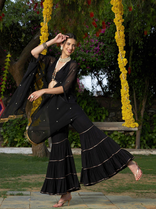 Women's Black Crop Top With Tiered Sharara And Emb Cape