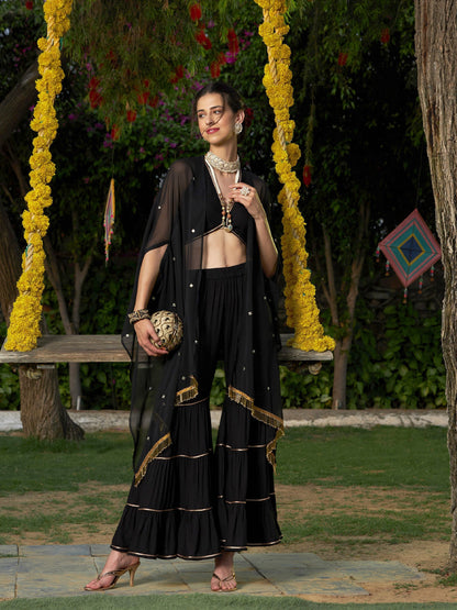 Women's Black Crop Top With Tiered Sharara And Emb Cape