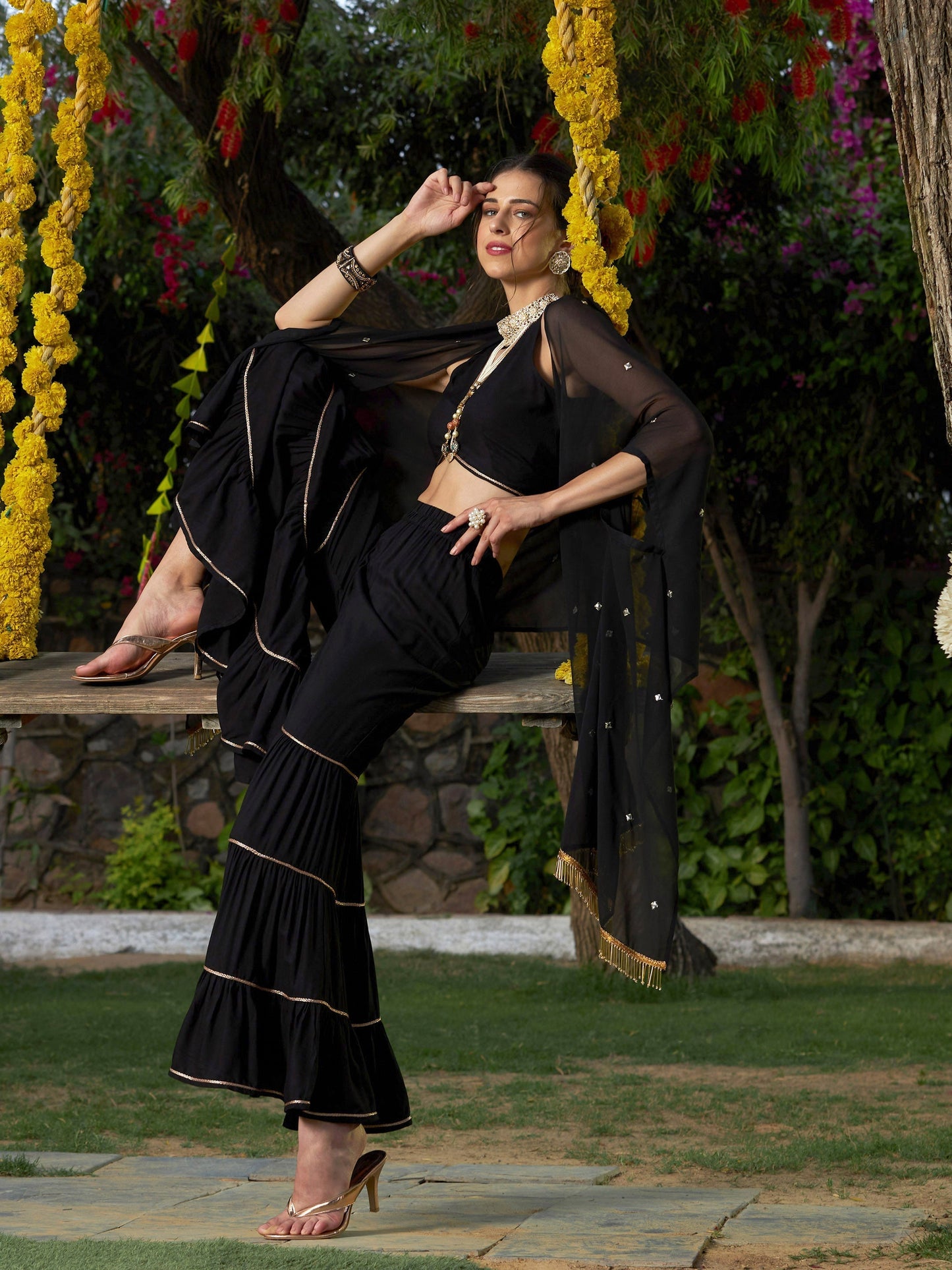Women's Black Crop Top With Tiered Sharara And Emb Cape