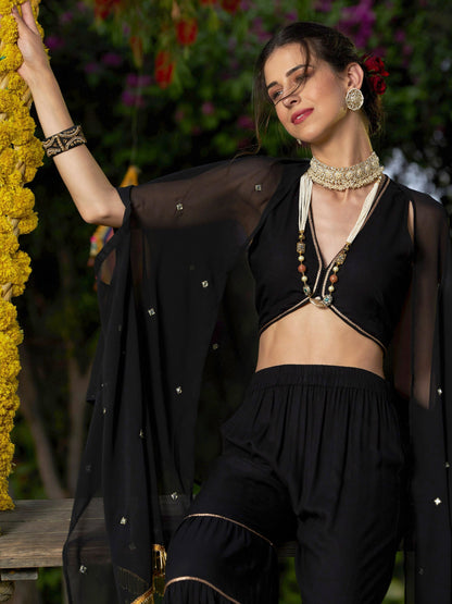 Women's Black Crop Top With Tiered Sharara And Emb Cape