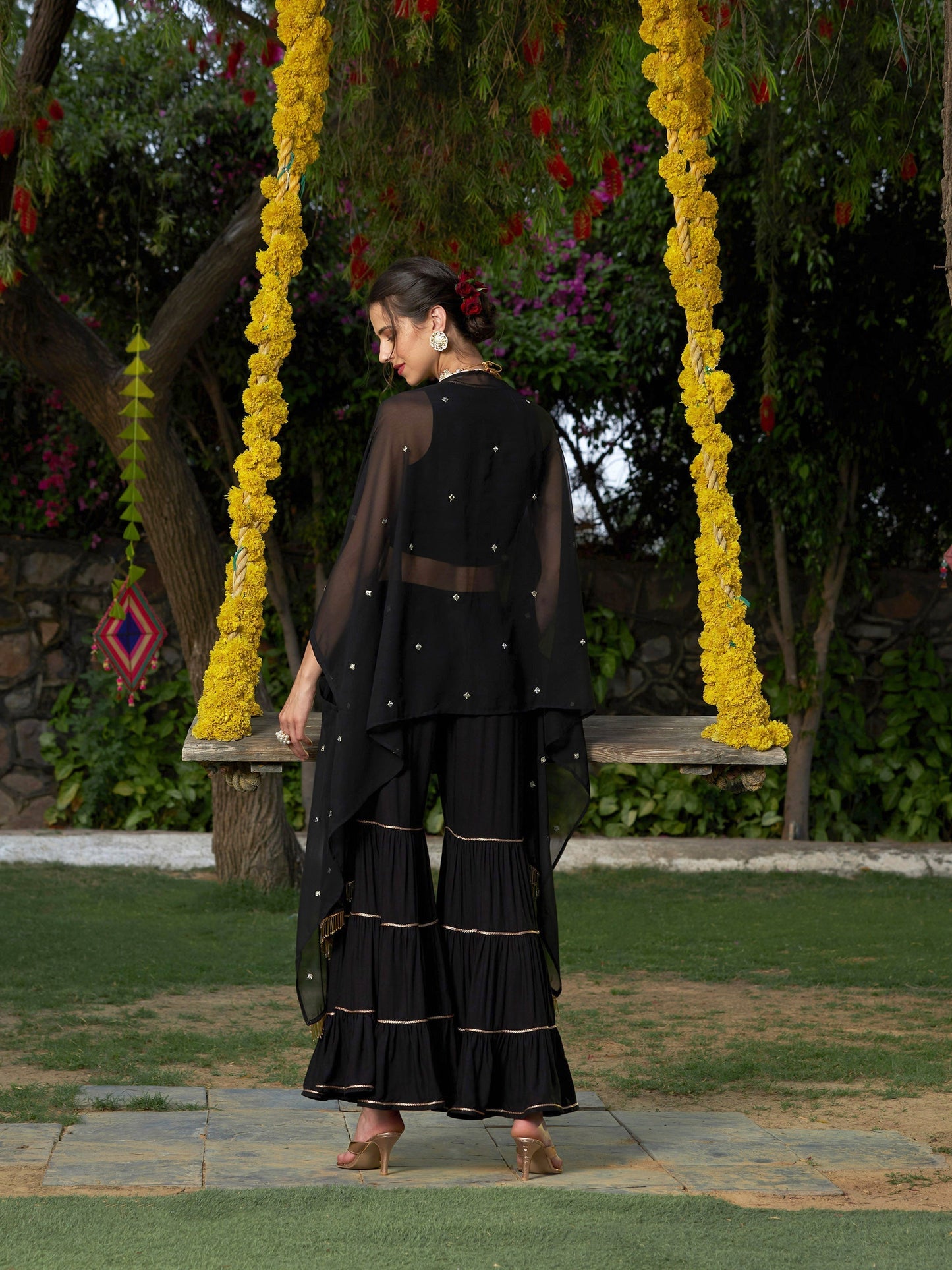 Women's Black Crop Top With Tiered Sharara And Emb Cape