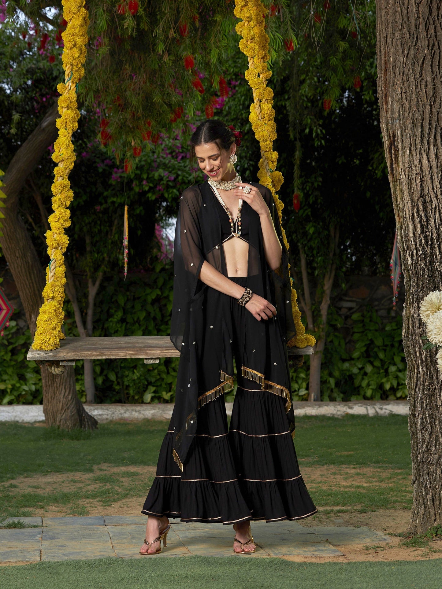 Women's Black Crop Top With Tiered Sharara And Emb Cape