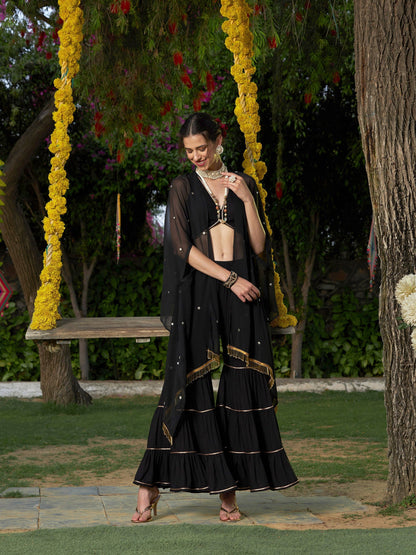 Women's Black Crop Top With Tiered Sharara And Emb Cape