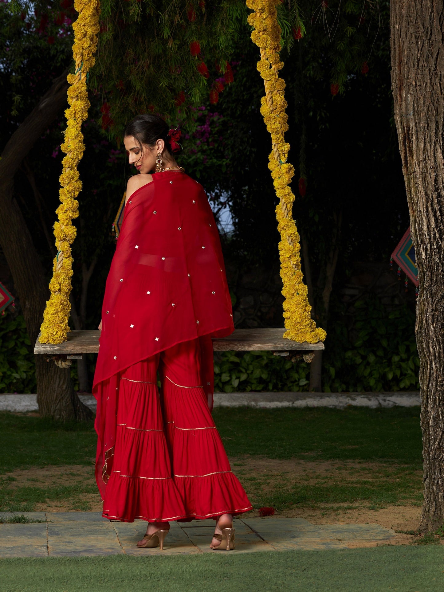 Women's Red Crop Top With Tiered Sharara And Emb Cape