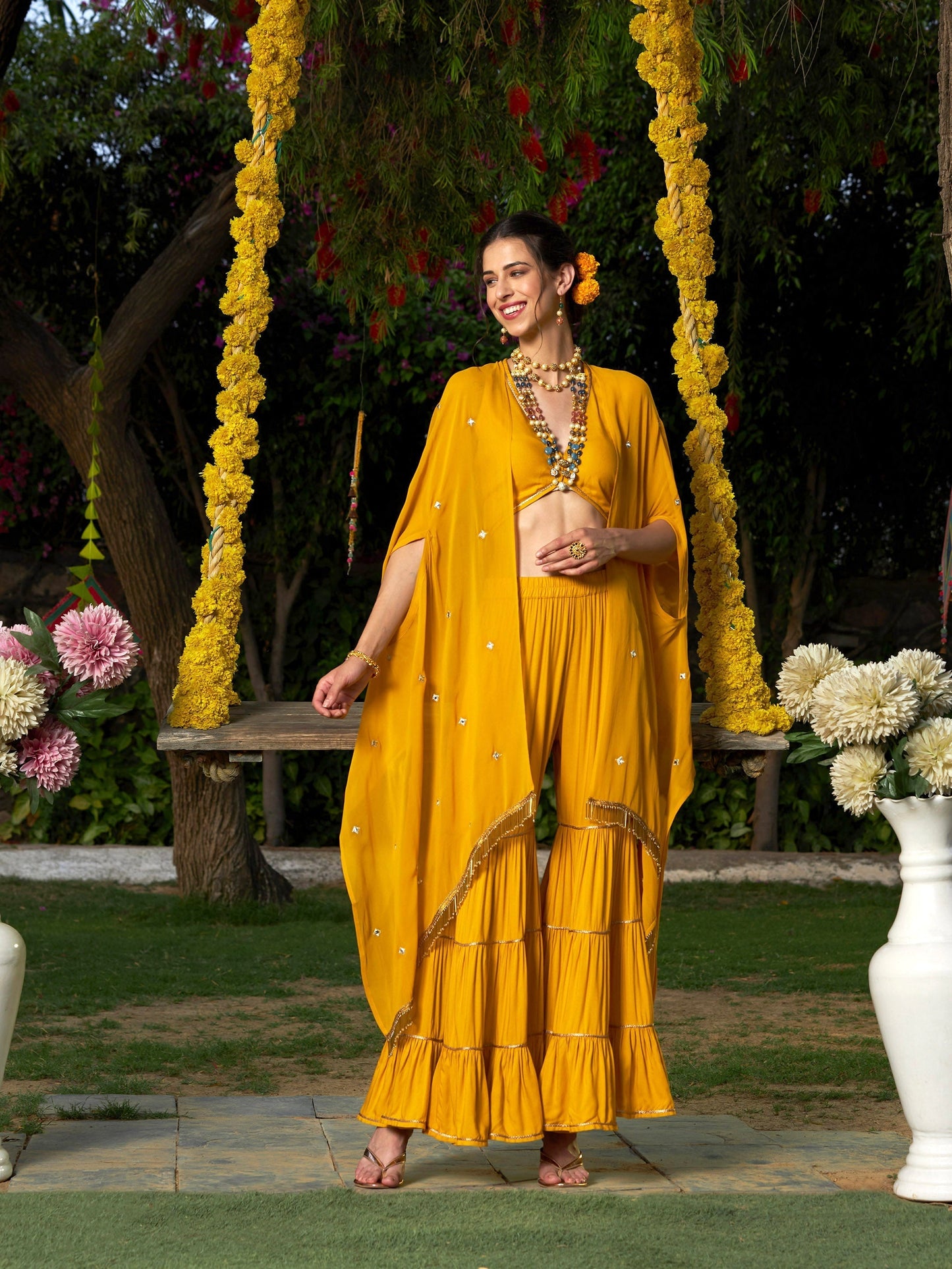 Women's Yellow Crop Top With Tiered Sharara And Emb Cape