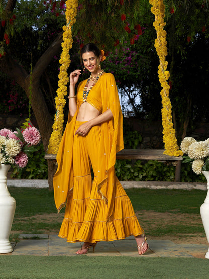 Women's Yellow Crop Top With Tiered Sharara And Emb Cape