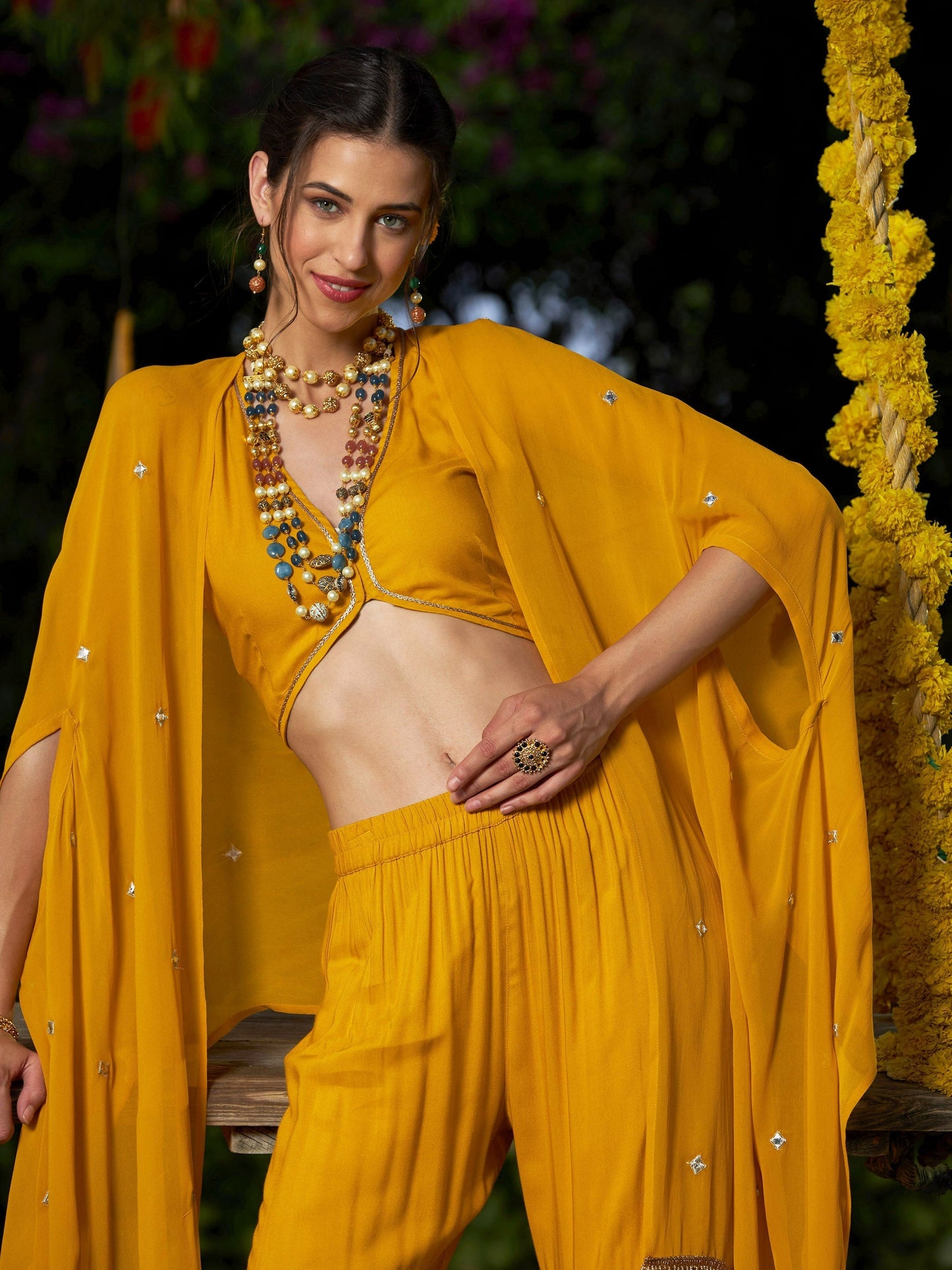 Women's Yellow Crop Top With Tiered Sharara And Emb Cape