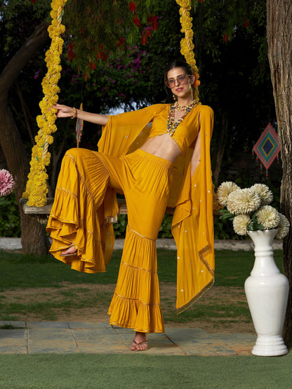 Women's Yellow Crop Top With Tiered Sharara And Emb Cape