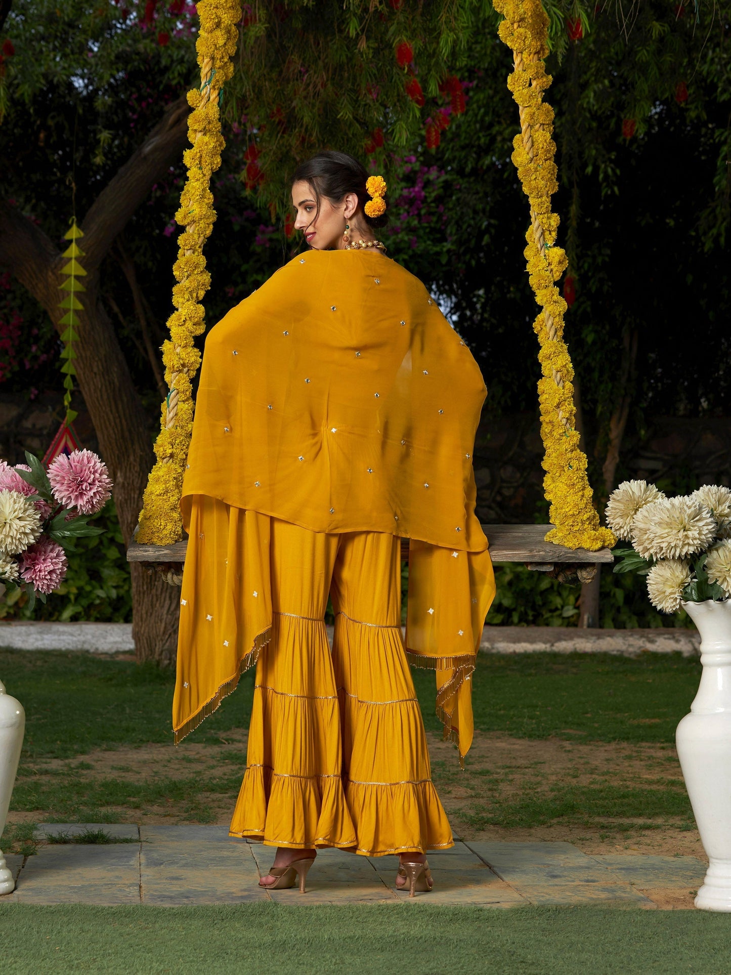 Women's Yellow Crop Top With Tiered Sharara And Emb Cape