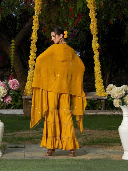 Women's Yellow Crop Top With Tiered Sharara And Emb Cape