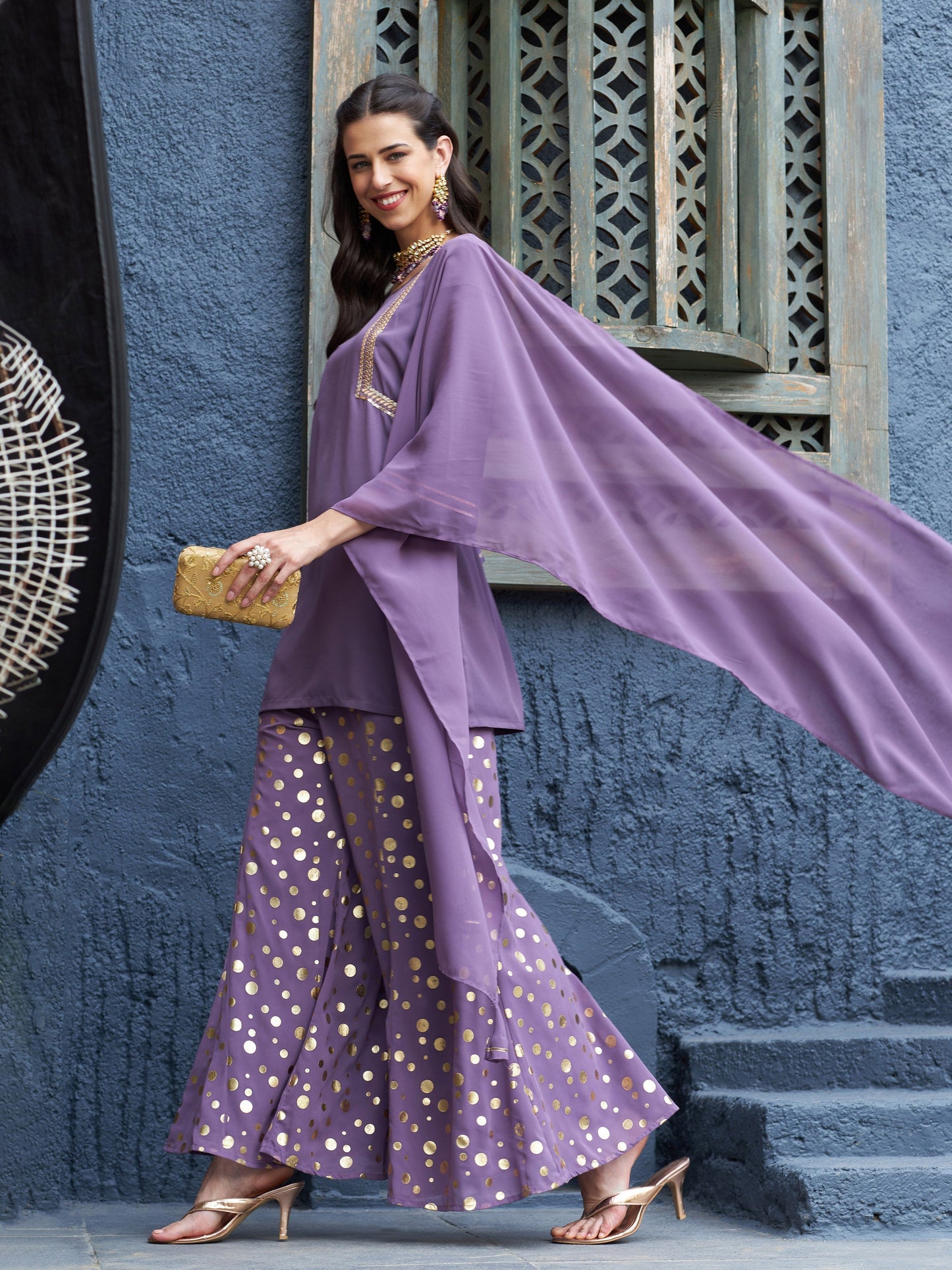 Women's Purple Emb Short Kurta With Foil Palazzo And Dupatta