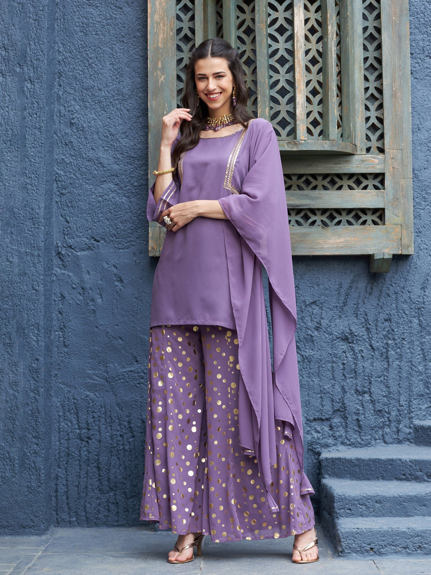 Women's Purple Emb Short Kurta With Foil Palazzo And Dupatta