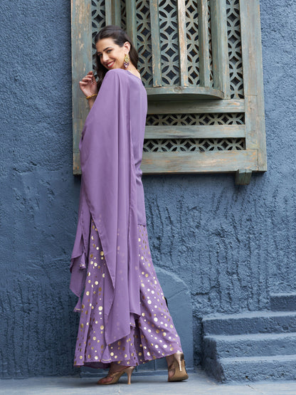 Women's Purple Emb Short Kurta With Foil Palazzo And Dupatta