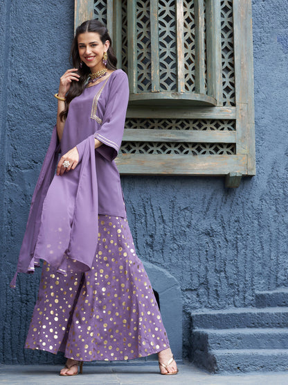 Women's Purple Emb Short Kurta With Foil Palazzo And Dupatta