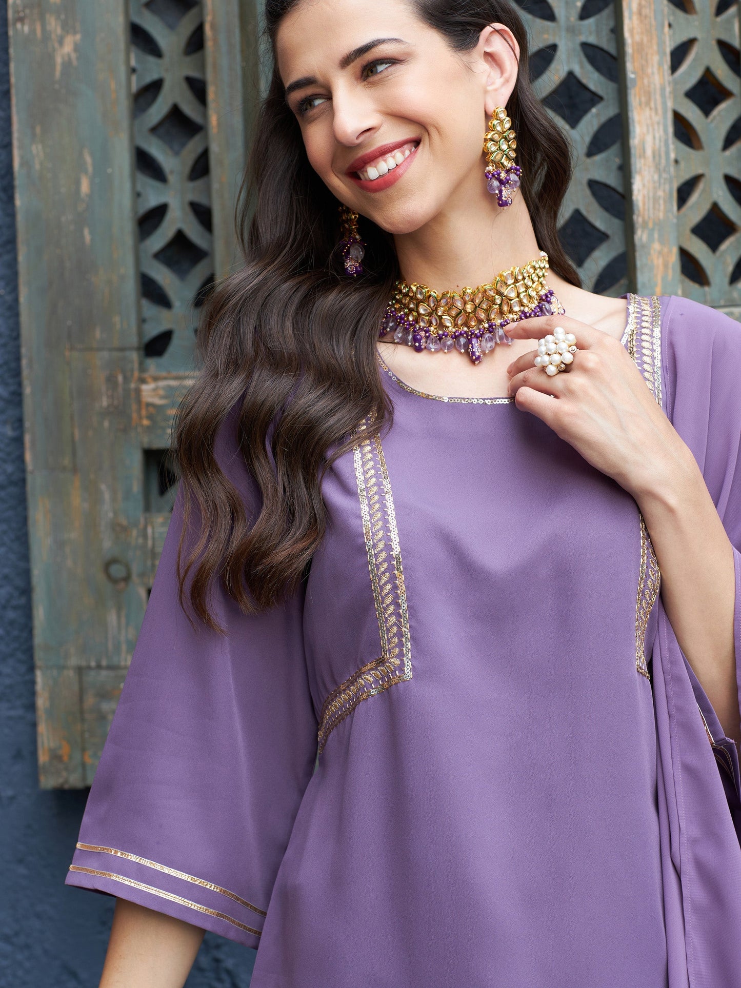 Women's Purple Emb Short Kurta With Foil Palazzo And Dupatta