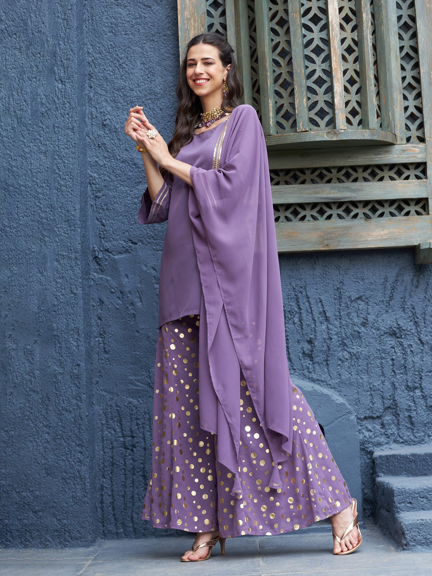 Women's Purple Emb Short Kurta With Foil Palazzo And Dupatta