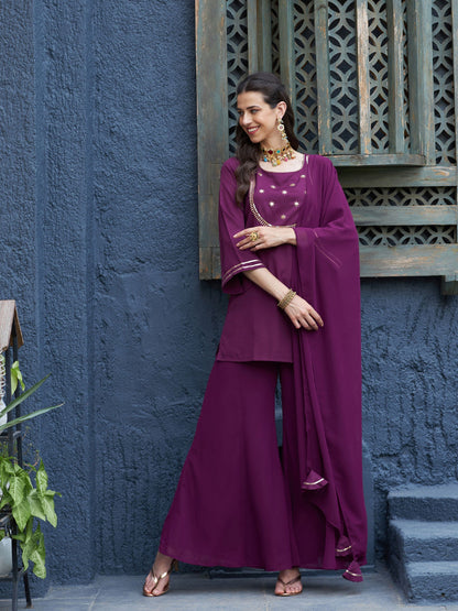 Women's Burgundy Emb Short Kurta With Palazzo And Dupatta