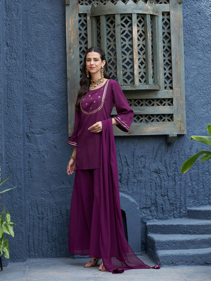 Women's Burgundy Emb Short Kurta With Palazzo And Dupatta