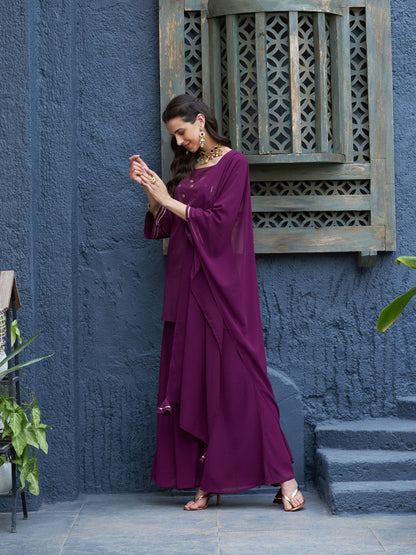 Women's Burgundy Emb Short Kurta With Palazzo And Dupatta