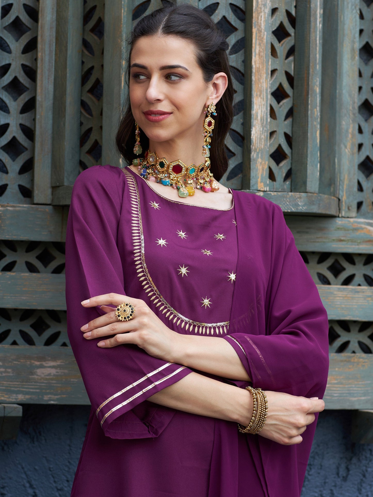 Women's Burgundy Emb Short Kurta With Palazzo And Dupatta
