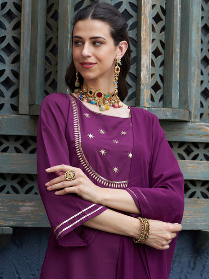 Women's Burgundy Emb Short Kurta With Palazzo And Dupatta