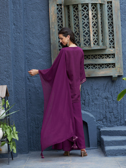 Women's Burgundy Emb Short Kurta With Palazzo And Dupatta