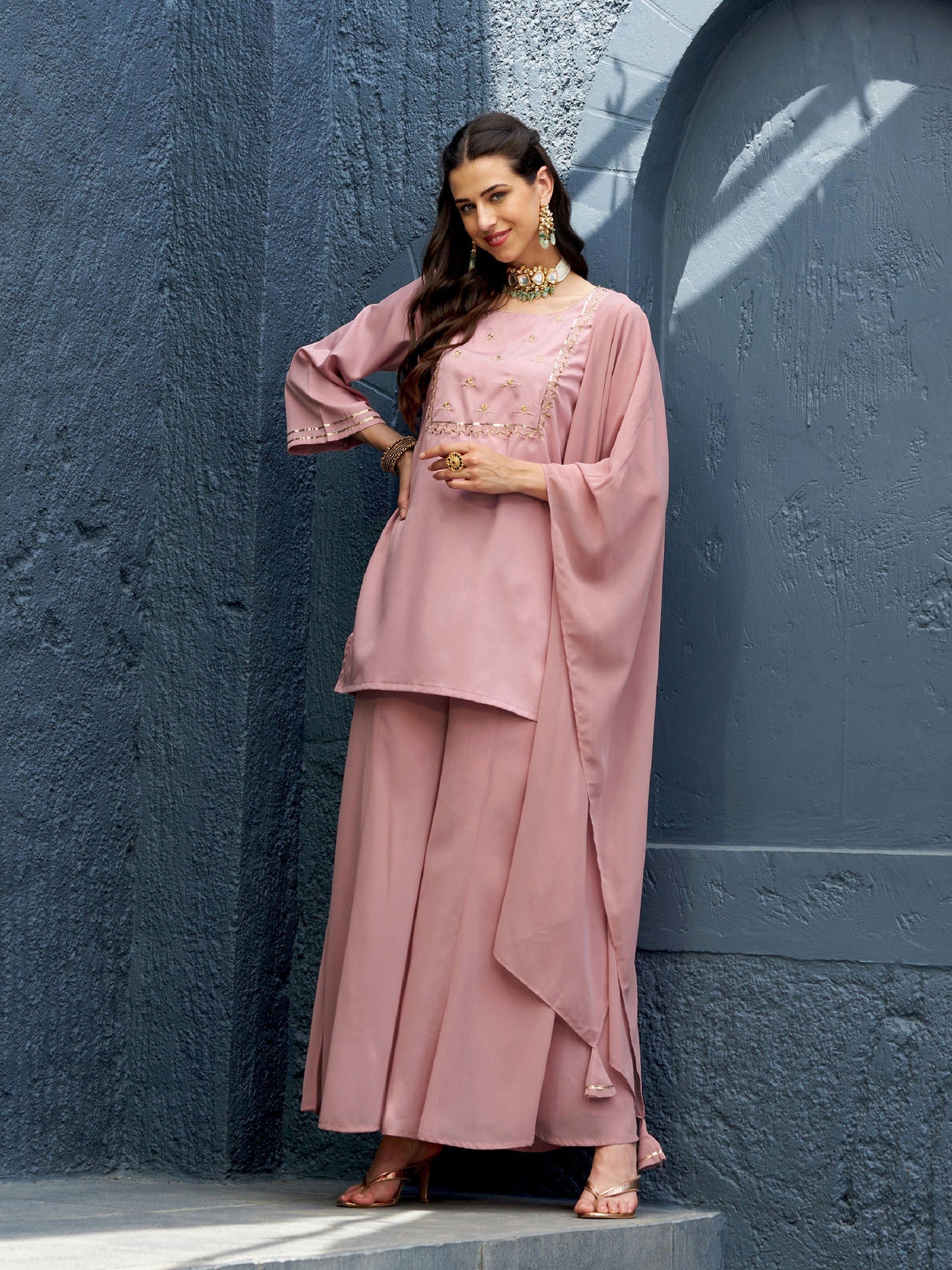 Women's Baked Pink EmbShort Kurta With Palazzo And Dupatta