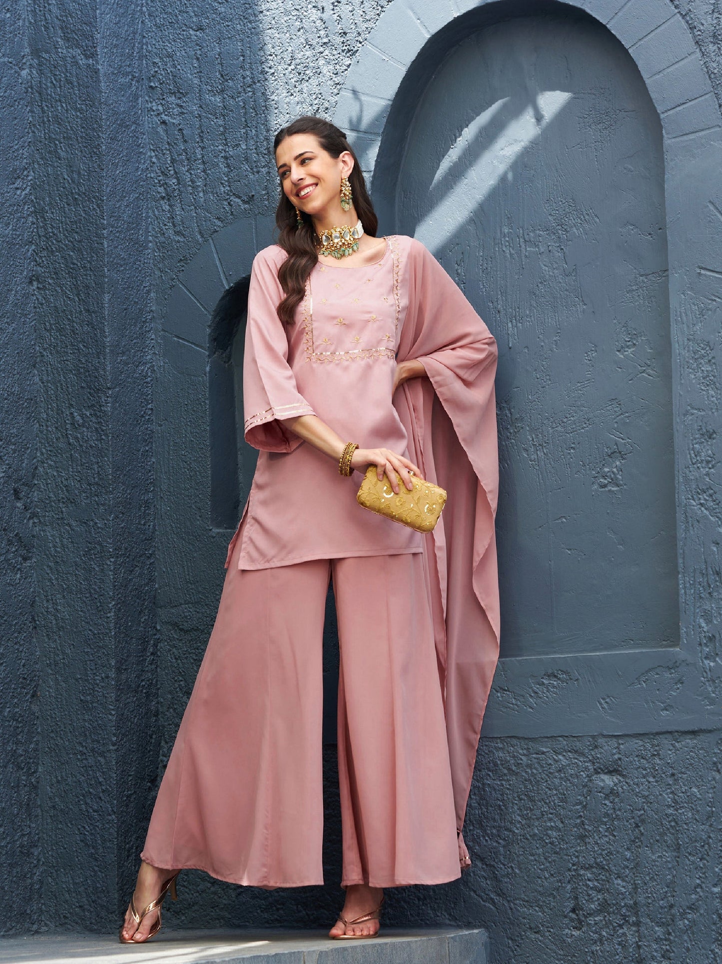Women's Baked Pink EmbShort Kurta With Palazzo And Dupatta