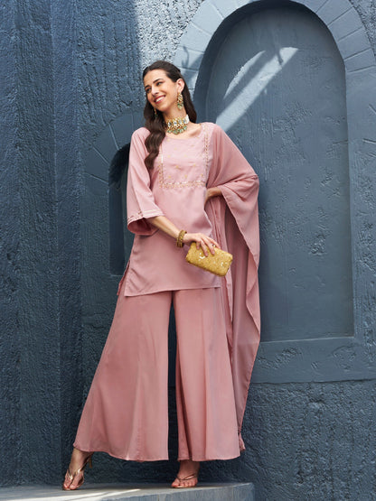 Women's Baked Pink EmbShort Kurta With Palazzo And Dupatta