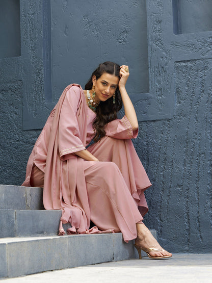 Women's Baked Pink EmbShort Kurta With Palazzo And Dupatta
