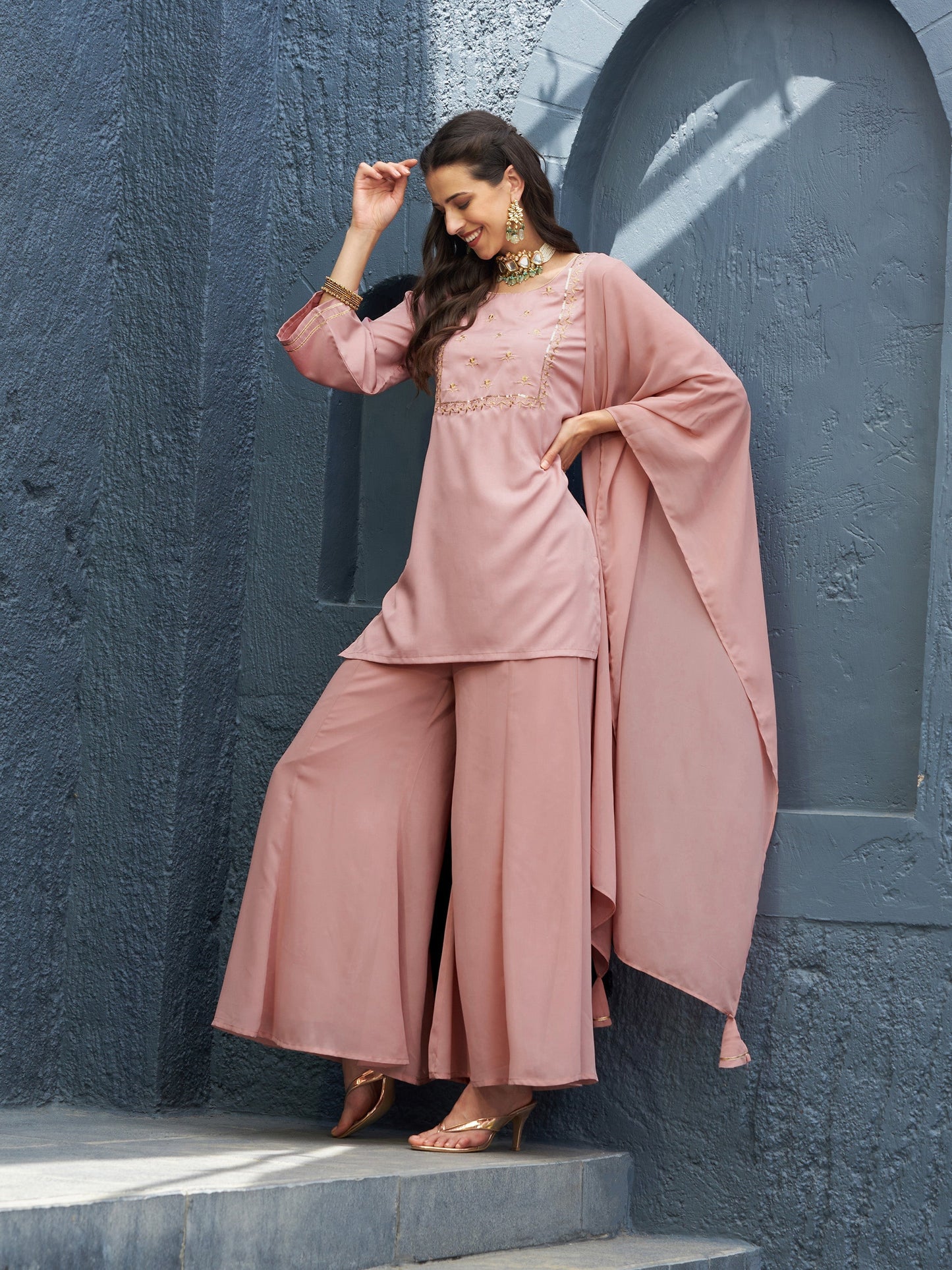 Women's Baked Pink EmbShort Kurta With Palazzo And Dupatta