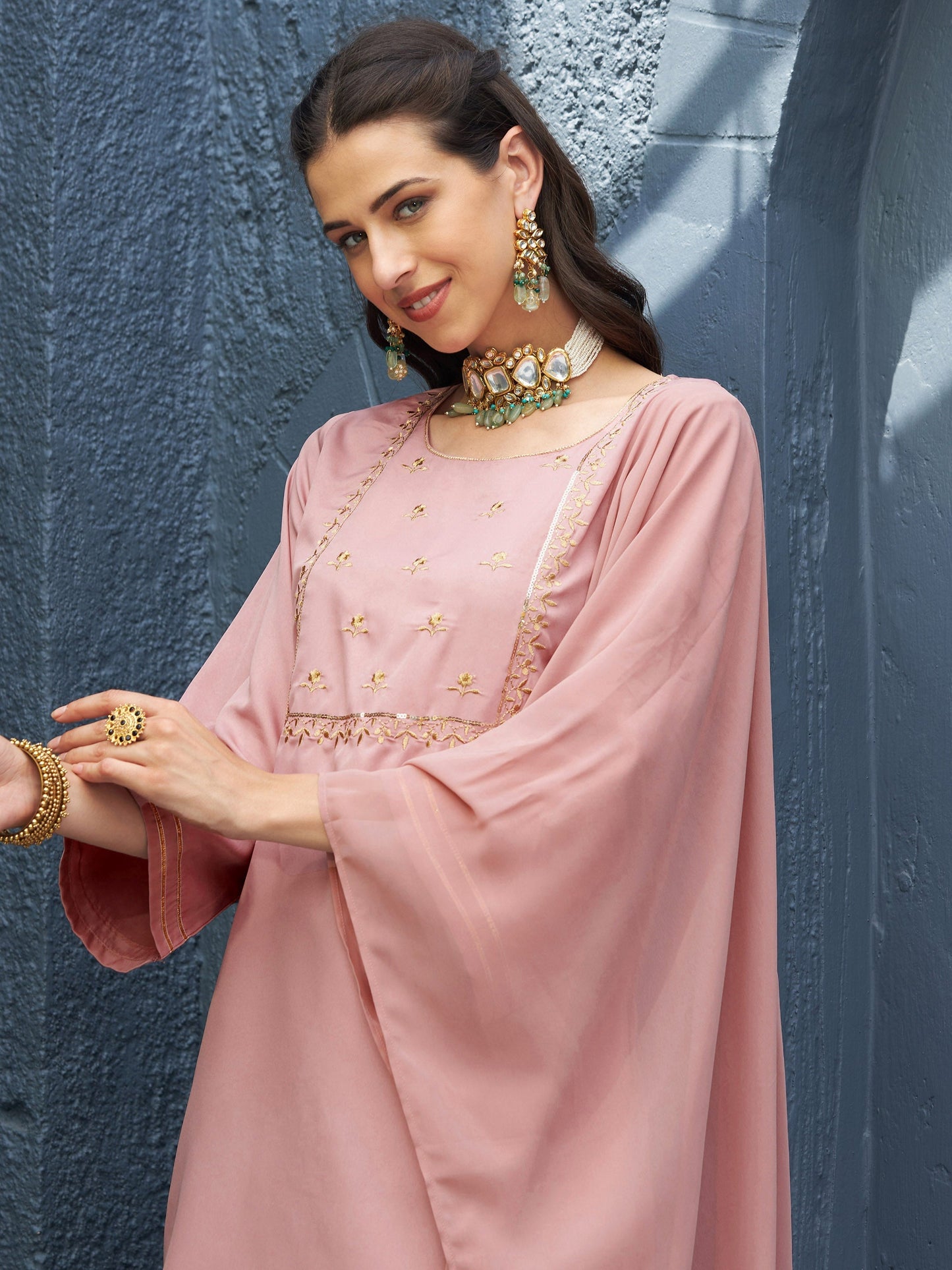 Women's Baked Pink EmbShort Kurta With Palazzo And Dupatta