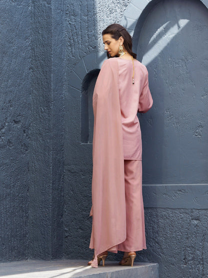 Women's Baked Pink EmbShort Kurta With Palazzo And Dupatta