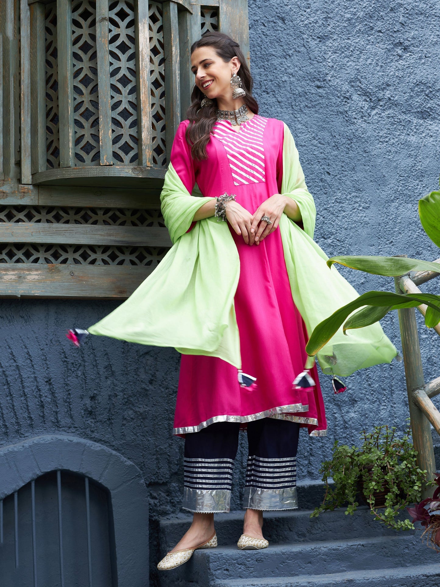 Women's Fuchsia & Navy Gota Anarkali Kurta Set With Green Dupatta