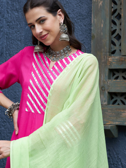 Women's Fuchsia & Navy Gota Anarkali Kurta Set With Green Dupatta